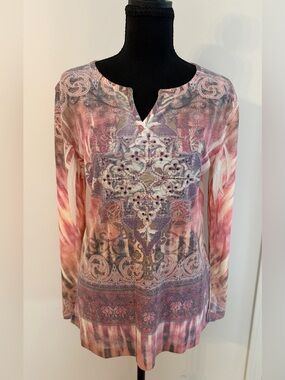 Kiara Y2K Pink and Purple Medallion Print Long Sleeve Boho Hippie Top Medium